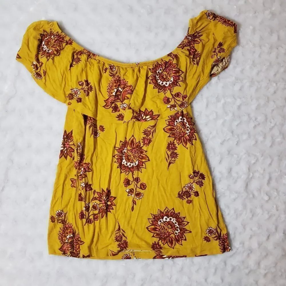 Old Navy small off the shoulder mustard and burnt orange floral print top
